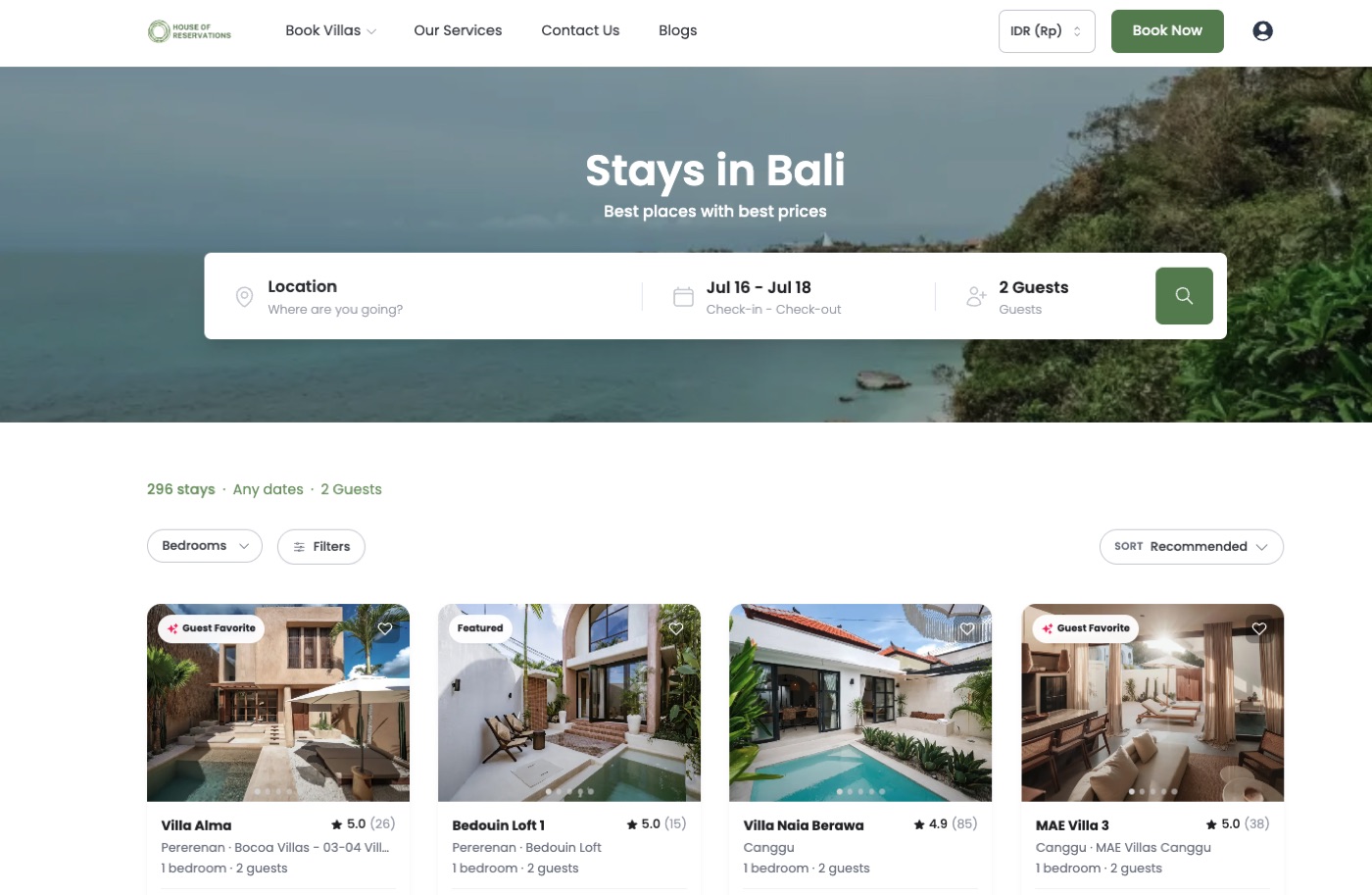 Villa booking website with search and featured stays in Bali