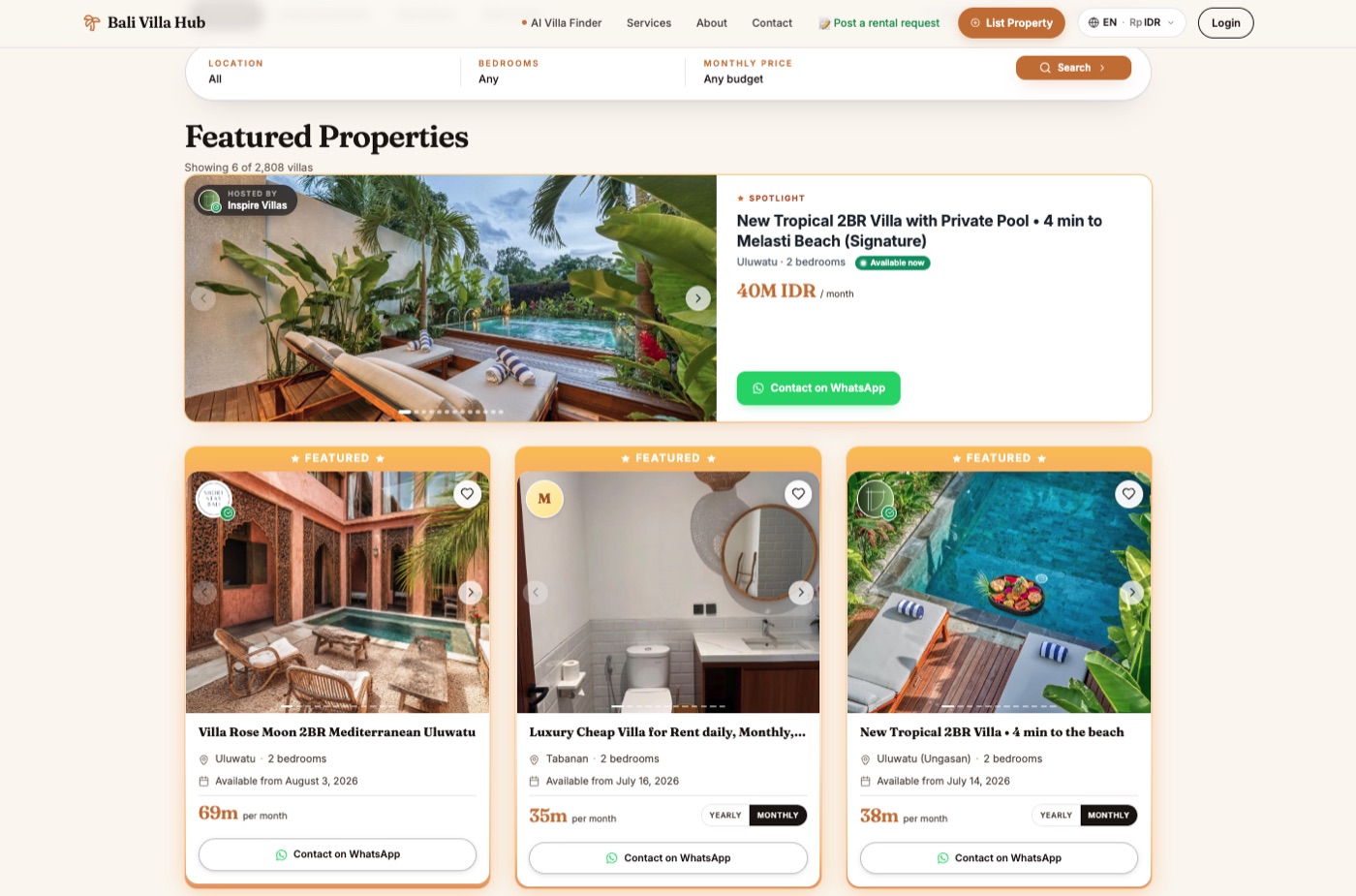 Bali villa listing platform showing featured properties with prices and photos