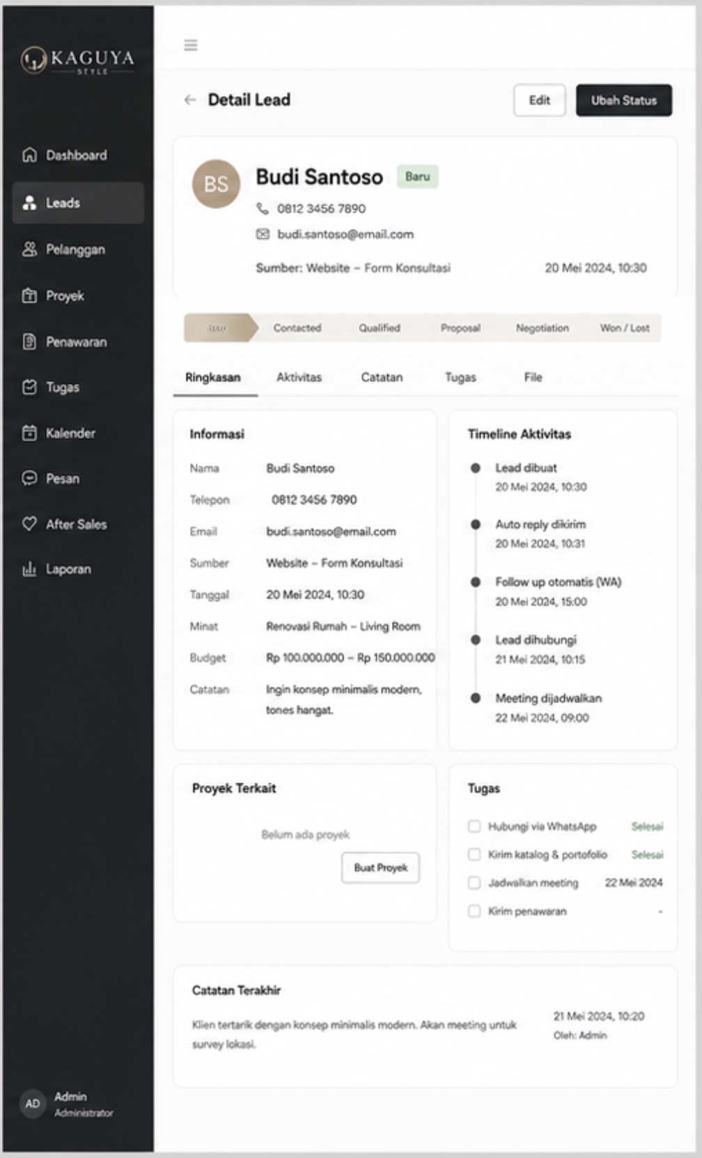 Lead detail view with pipeline status, activity timeline, tasks and notes