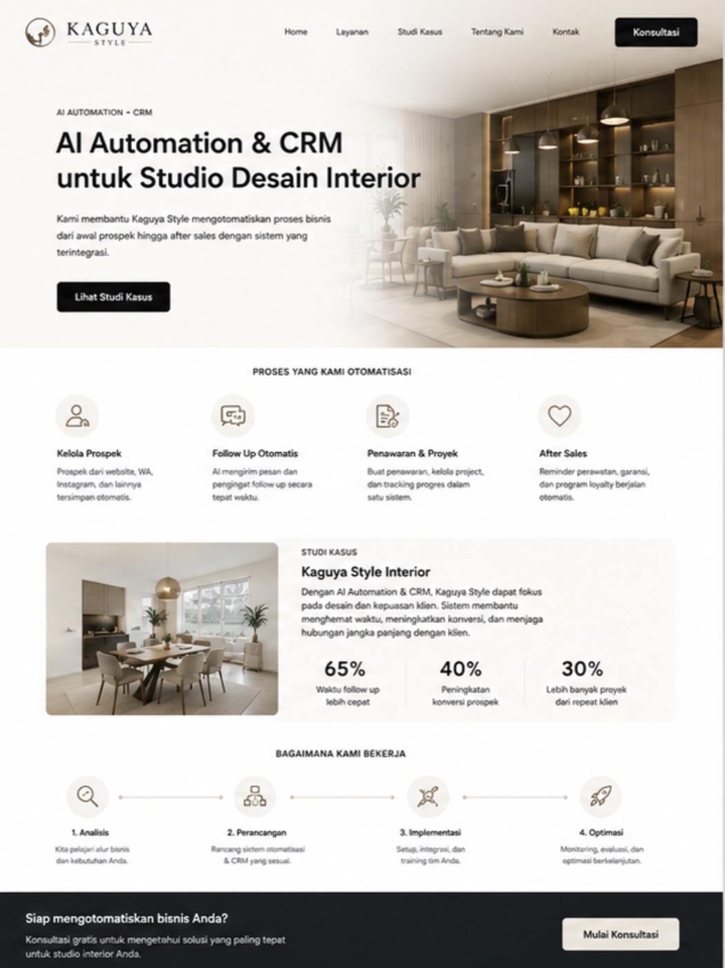 Landing page with AI automation and CRM for an interior design studio