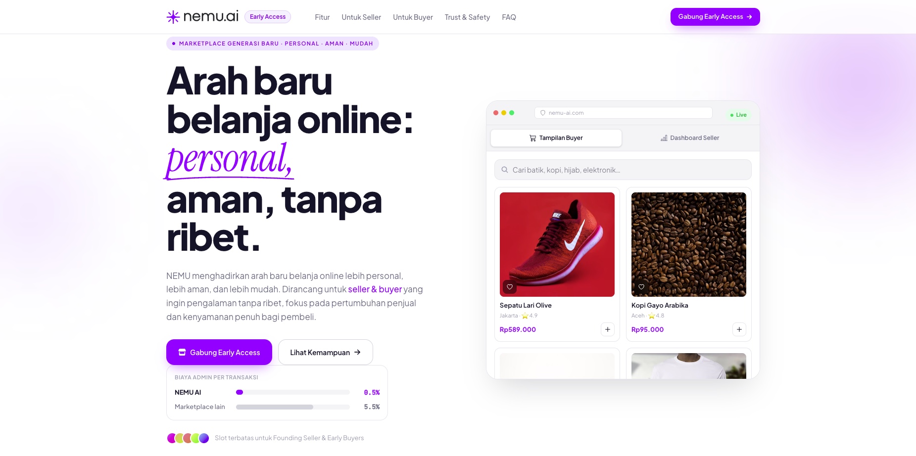 NEMU marketplace landing page with buyer storefront and seller dashboard preview