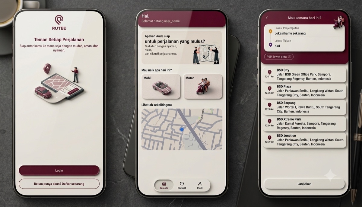 Rutee super app screens: welcome, home and destination search on three phones