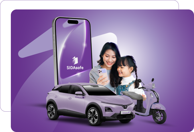 SIDASafe women-first ride-hailing app on a phone, with a purple electric car and scooter