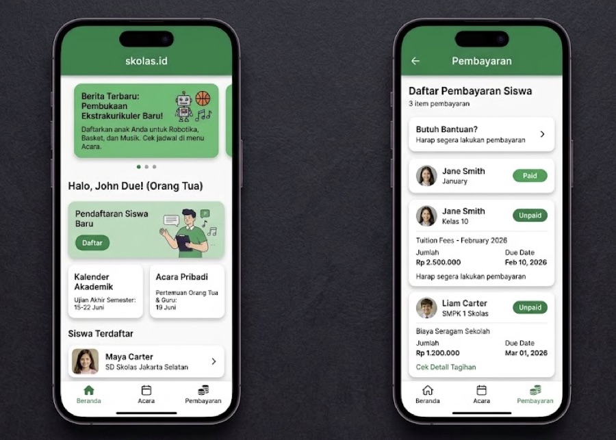 Skolas school app screens: parent home and tuition payments on two phones