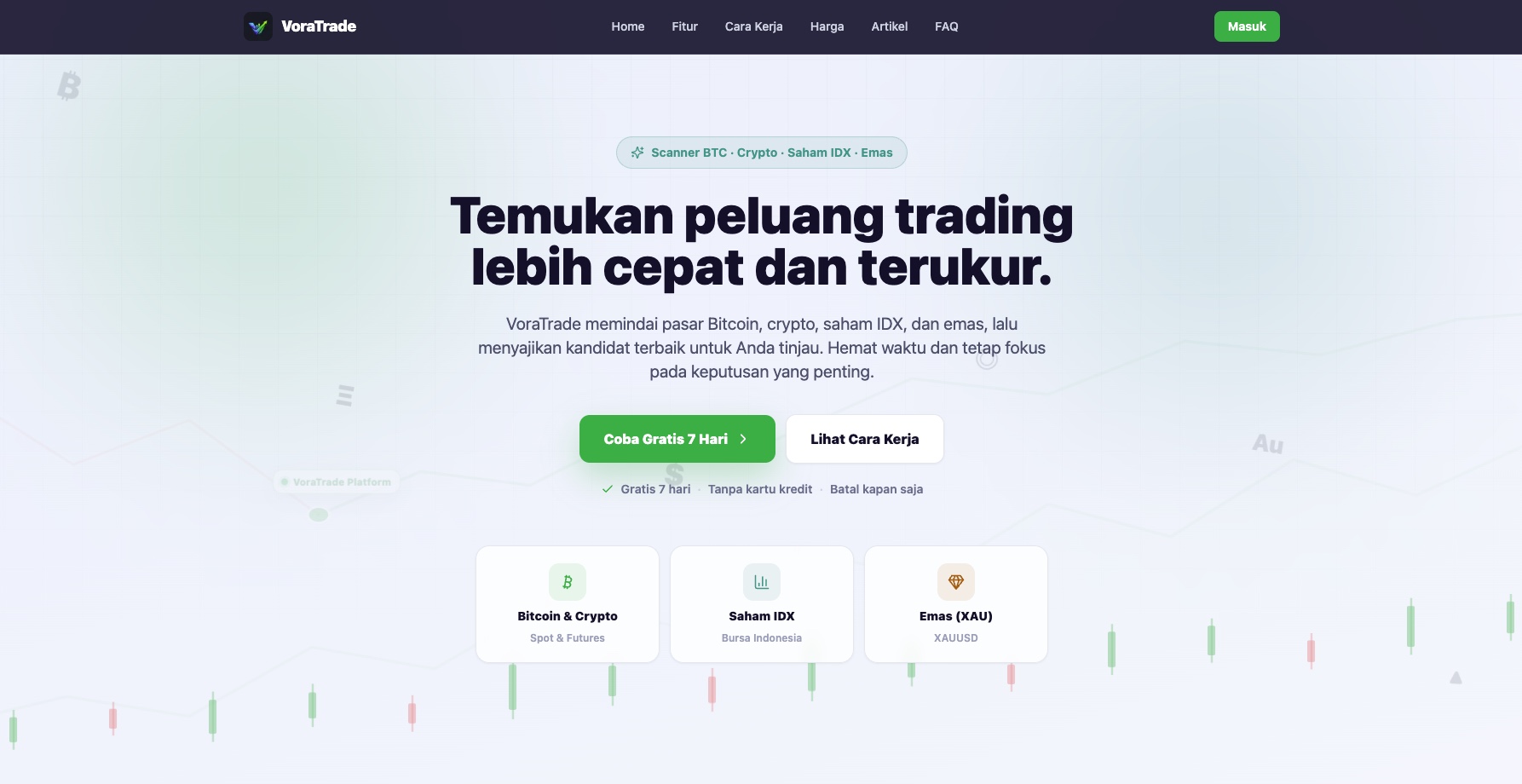 VoraTrade landing page for a market scanner covering crypto, IDX stocks and gold